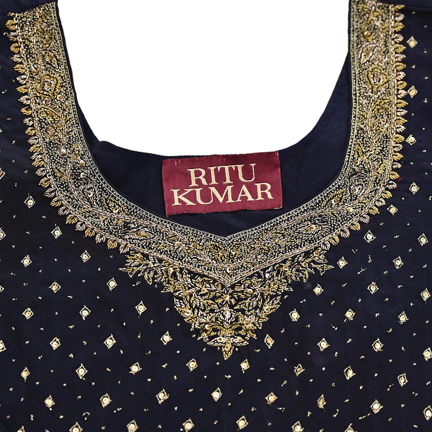 Indian Pre-Owned Black Pure Crepe Silk Hand Embroidered Ritu Kumar Designer 2 Piece Suit Set (Kurta + Dupatta)