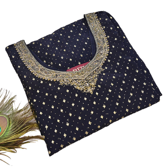 Indian Vintage Ritu Kumar Deep Blue Pure Crepe Silk Long Kurta Hand Embroidered Printed Designer Ethnic Festive Party Wear Tunic