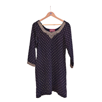Indian Vintage Ritu Kumar Deep Blue Pure Crepe Silk Long Kurta Hand Embroidered Printed Designer Ethnic Festive Party Wear Tunic