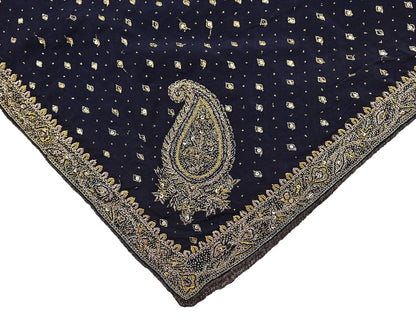 Indian Vintage Heavy Deep Blue Dupatta Pure Crepe Silk Long Stole Hand Embroidered Designer By Ritu Kumar Scarves Scarf Zari Zardozi