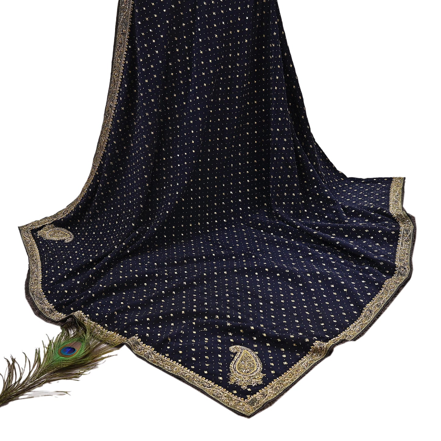 Indian Vintage Heavy Deep Blue Dupatta Pure Crepe Silk Long Stole Hand Embroidered Designer By Ritu Kumar Scarves Scarf Zari Zardozi