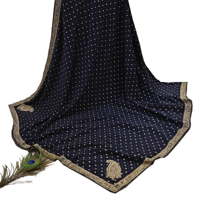 Indian Vintage Heavy Deep Blue Dupatta Pure Crepe Silk Long Stole Hand Embroidered Designer By Ritu Kumar Scarves Scarf Zari Zardozi