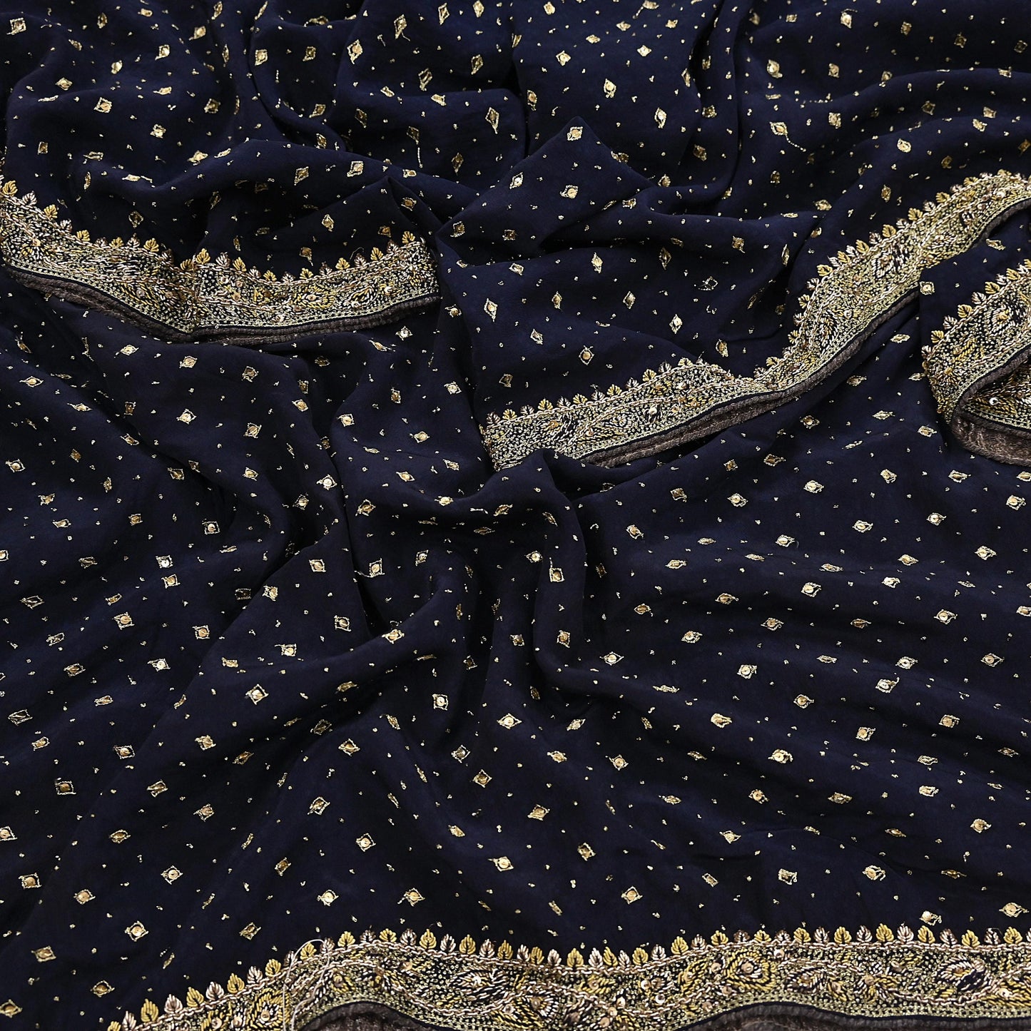 Indian Vintage Heavy Deep Blue Dupatta Pure Crepe Silk Long Stole Hand Embroidered Designer By Ritu Kumar Scarves Scarf Zari Zardozi