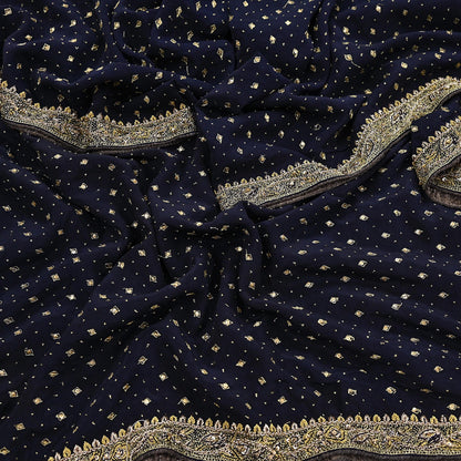 Indian Vintage Heavy Deep Blue Dupatta Pure Crepe Silk Long Stole Hand Embroidered Designer By Ritu Kumar Scarves Scarf Zari Zardozi