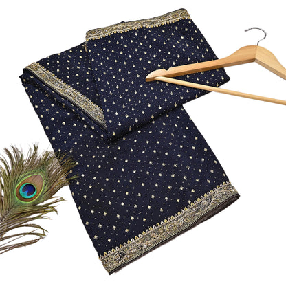 Indian Vintage Heavy Deep Blue Dupatta Pure Crepe Silk Long Stole Hand Embroidered Designer By Ritu Kumar Scarves Scarf Zari Zardozi
