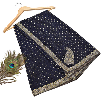 Indian Vintage Heavy Deep Blue Dupatta Pure Crepe Silk Long Stole Hand Embroidered Designer By Ritu Kumar Scarves Scarf Zari Zardozi