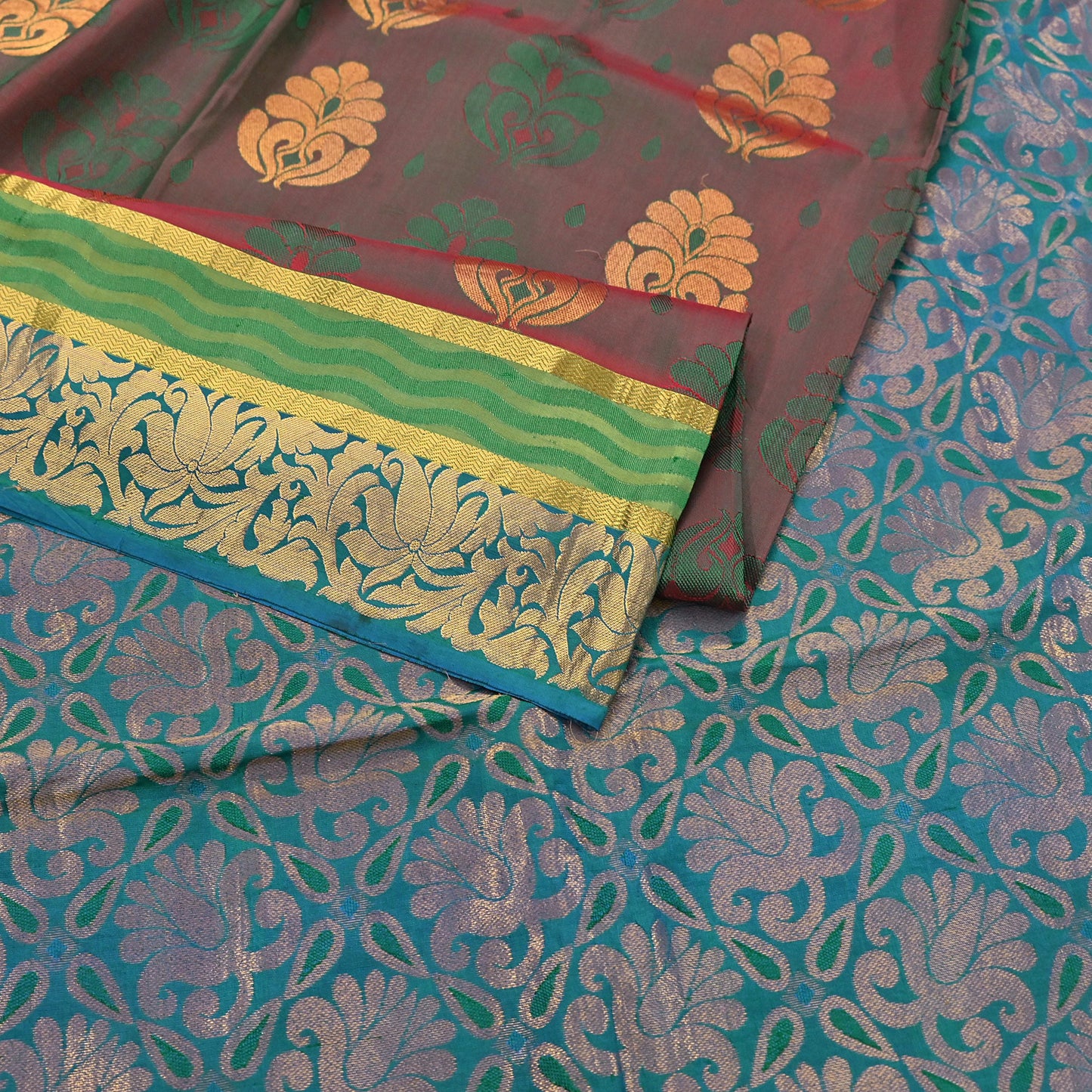 Indian Vintage Heavy Blue, Green & maroon Kanjivaram Saree 100% Pure Silk Zari 5Yd Floral Dress making Crafting Quilting Bollywood Saree