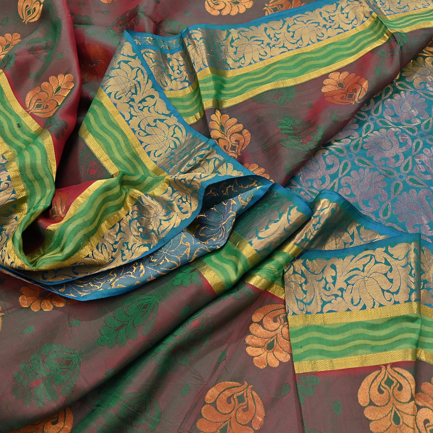 Indian Vintage Heavy Blue, Green & maroon Kanjivaram Saree 100% Pure Silk Zari 5Yd Floral Dress making Crafting Quilting Bollywood Saree