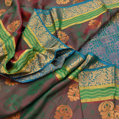 Indian Vintage Heavy Blue, Green & maroon Kanjivaram Saree 100% Pure Silk Zari 5Yd Floral Dress making Crafting Quilting Bollywood Saree