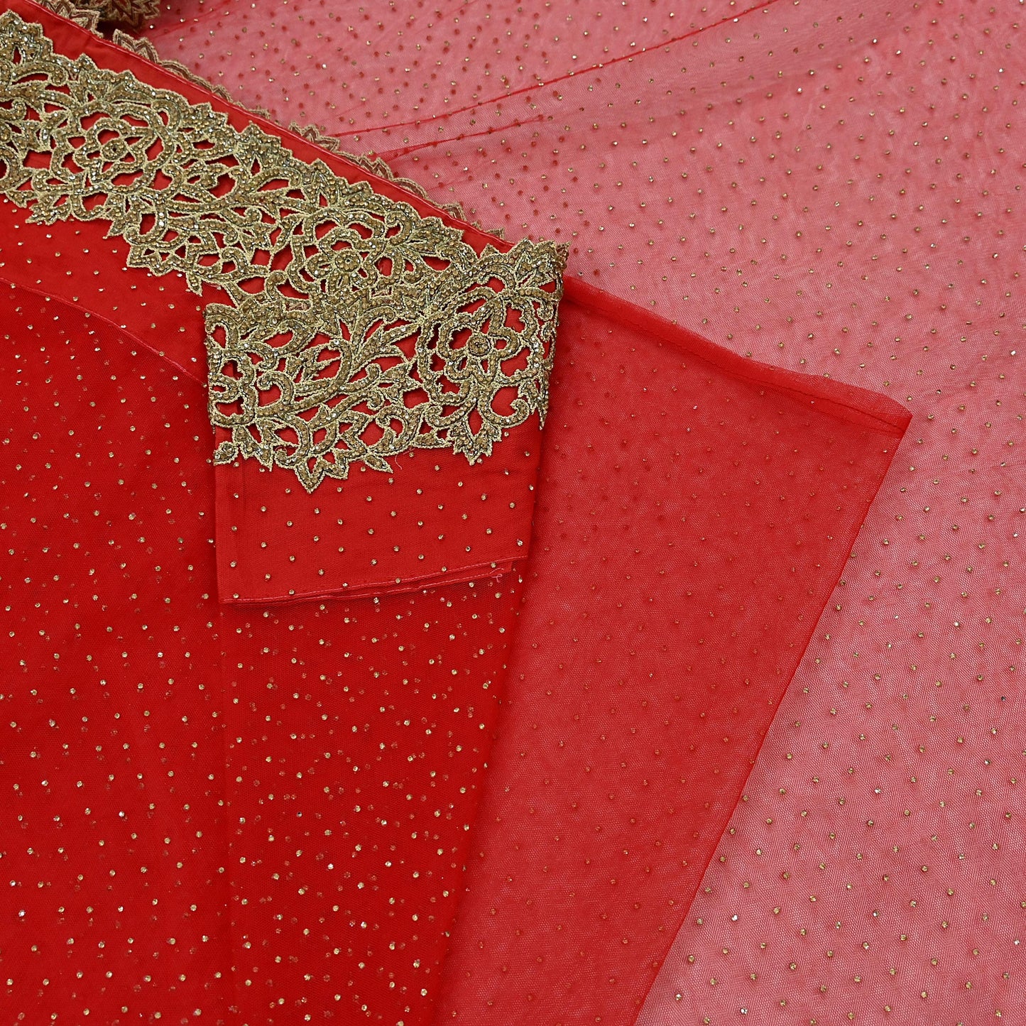 Indian Vintage Sari Red Net/Mesh Hand Embroidered Sarees Ethnic Craft Fabric 5Yd Sewing Soft Wedding Sarees Dress making Crafting