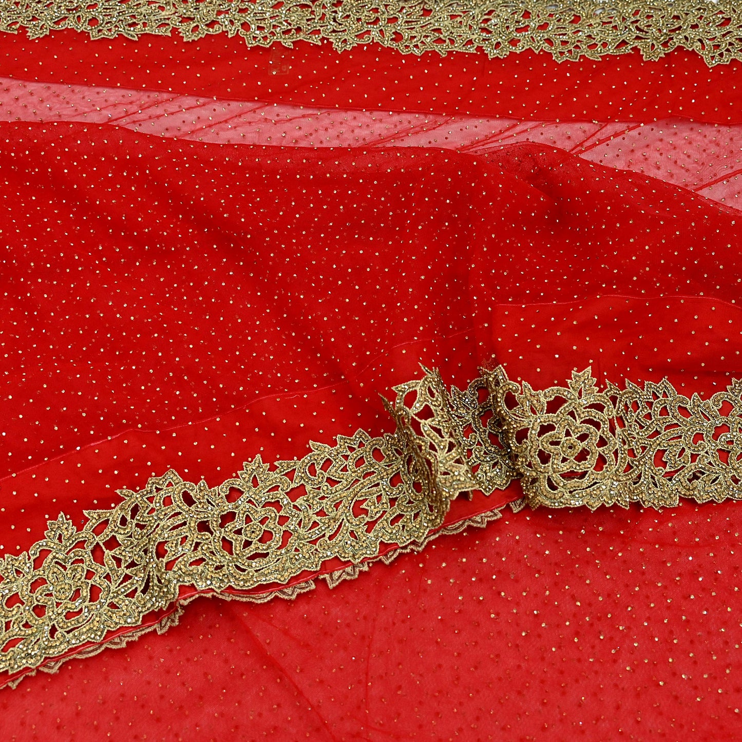 Indian Vintage Sari Red Net/Mesh Hand Embroidered Sarees Ethnic Craft Fabric 5Yd Sewing Soft Wedding Sarees Dress making Crafting