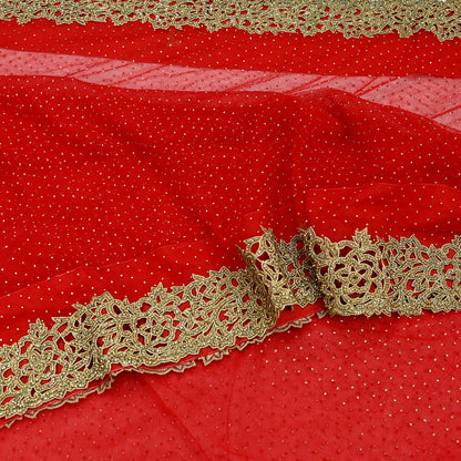 Indian Vintage Sari Red Net/Mesh Hand Embroidered Sarees Ethnic Craft Fabric 5Yd Sewing Soft Wedding Sarees Dress making Crafting