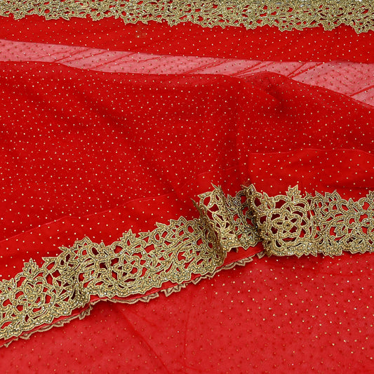Indian Vintage Sari Red Net/Mesh Hand Embroidered Sarees Ethnic Craft Fabric 5Yd Sewing Soft Wedding Sarees Dress making Crafting
