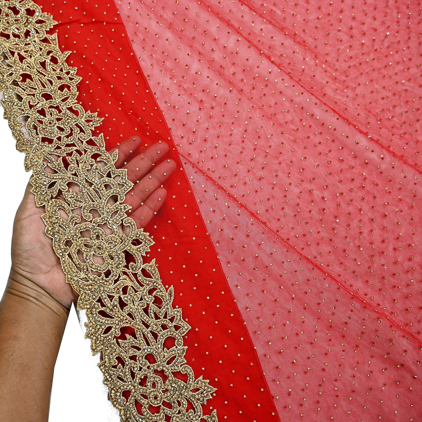 Indian Vintage Sari Red Net/Mesh Hand Embroidered Sarees Ethnic Craft Fabric 5Yd Sewing Soft Wedding Sarees Dress making Crafting