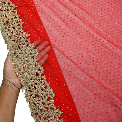 Indian Vintage Sari Red Net/Mesh Hand Embroidered Sarees Ethnic Craft Fabric 5Yd Sewing Soft Wedding Sarees Dress making Crafting