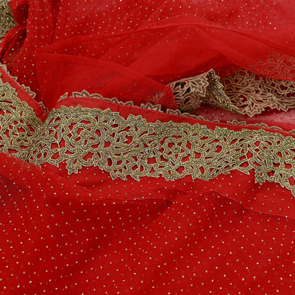 Indian Vintage Sari Red Net/Mesh Hand Embroidered Sarees Ethnic Craft Fabric 5Yd Sewing Soft Wedding Sarees Dress making Crafting