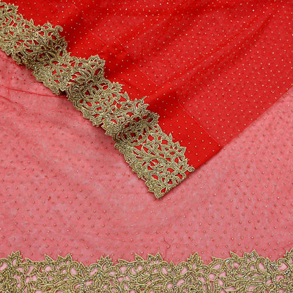Indian Vintage Sari Red Net/Mesh Hand Embroidered Sarees Ethnic Craft Fabric 5Yd Sewing Soft Wedding Sarees Dress making Crafting