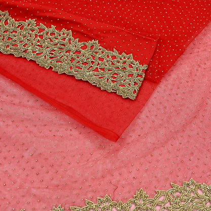 Indian Vintage Sari Red Net/Mesh Hand Embroidered Sarees Ethnic Craft Fabric 5Yd Sewing Soft Wedding Sarees Dress making Crafting