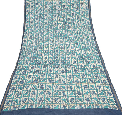 Indian Vintage Dupatta Ivory & Blue Long Stole Block Print Pure Chanderi Silk Scarves Veil Zari Wrap Hijab