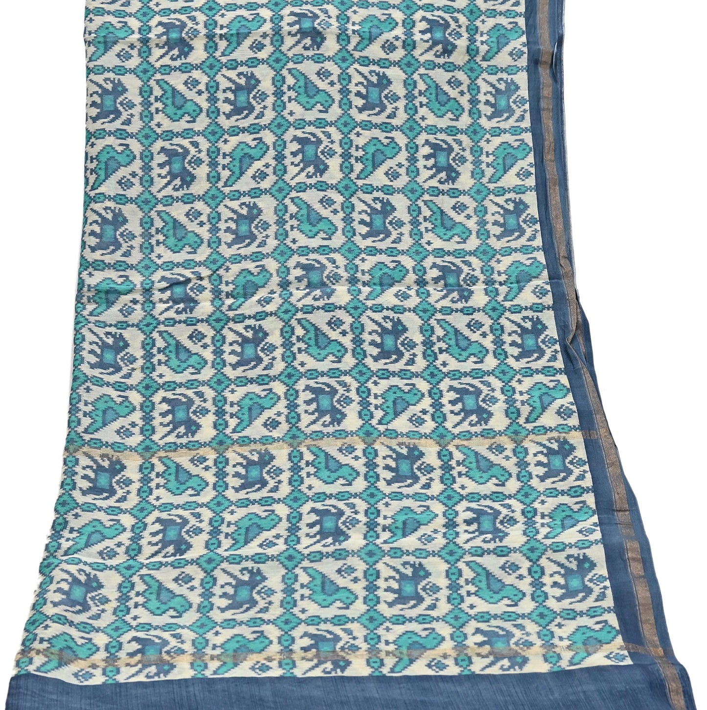Indian Vintage Dupatta Ivory & Blue Long Stole Block Print Pure Chanderi Silk Scarves Veil Zari Wrap Hijab