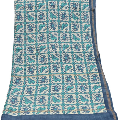 Indian Vintage Dupatta Ivory & Blue Long Stole Block Print Pure Chanderi Silk Scarves Veil Zari Wrap Hijab