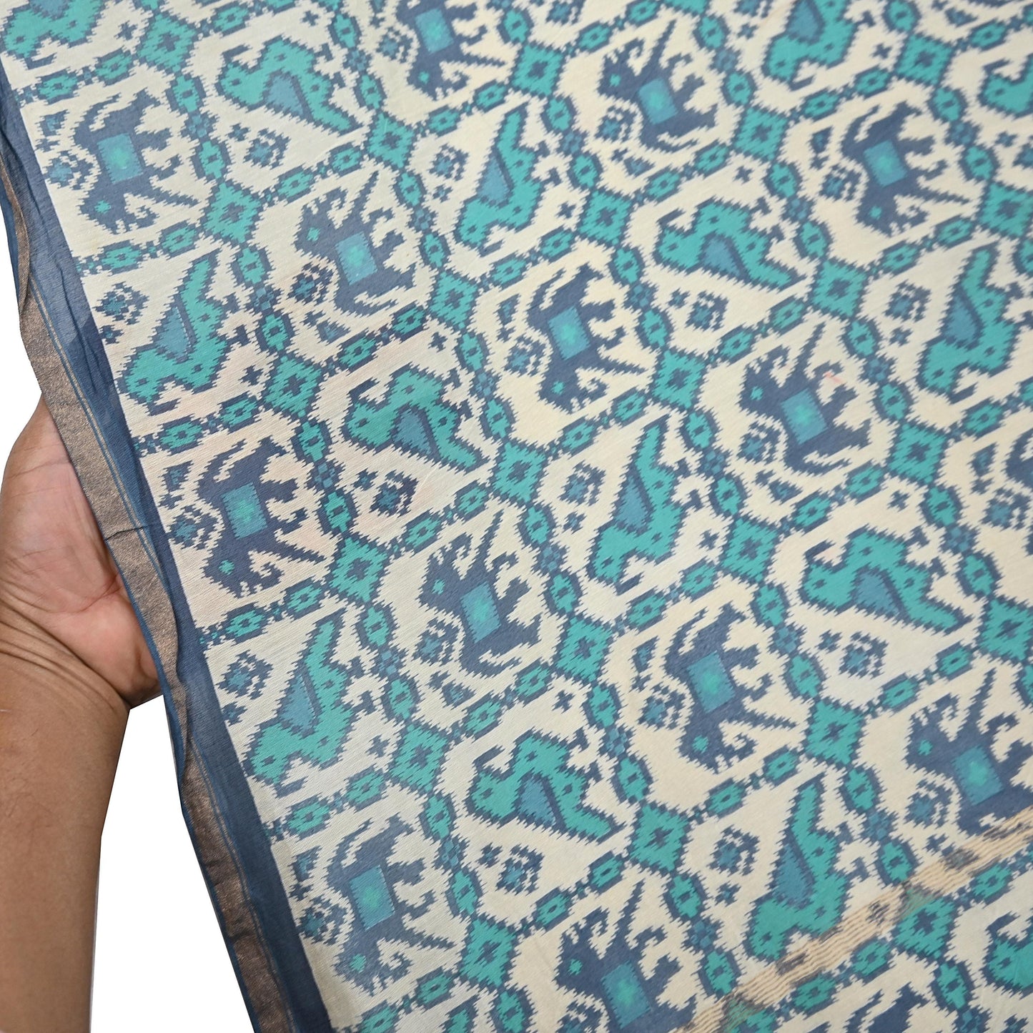 Indian Vintage Dupatta Ivory & Blue Long Stole Block Print Pure Chanderi Silk Scarves Veil Zari Wrap Hijab