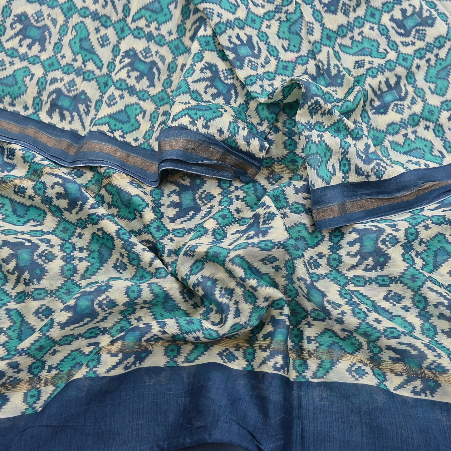 Indian Vintage Dupatta Ivory & Blue Long Stole Block Print Pure Chanderi Silk Scarves Veil Zari Wrap Hijab
