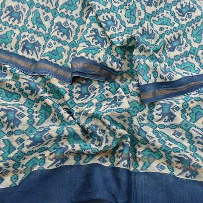 Indian Vintage Dupatta Ivory & Blue Long Stole Block Print Pure Chanderi Silk Scarves Veil Zari Wrap Hijab