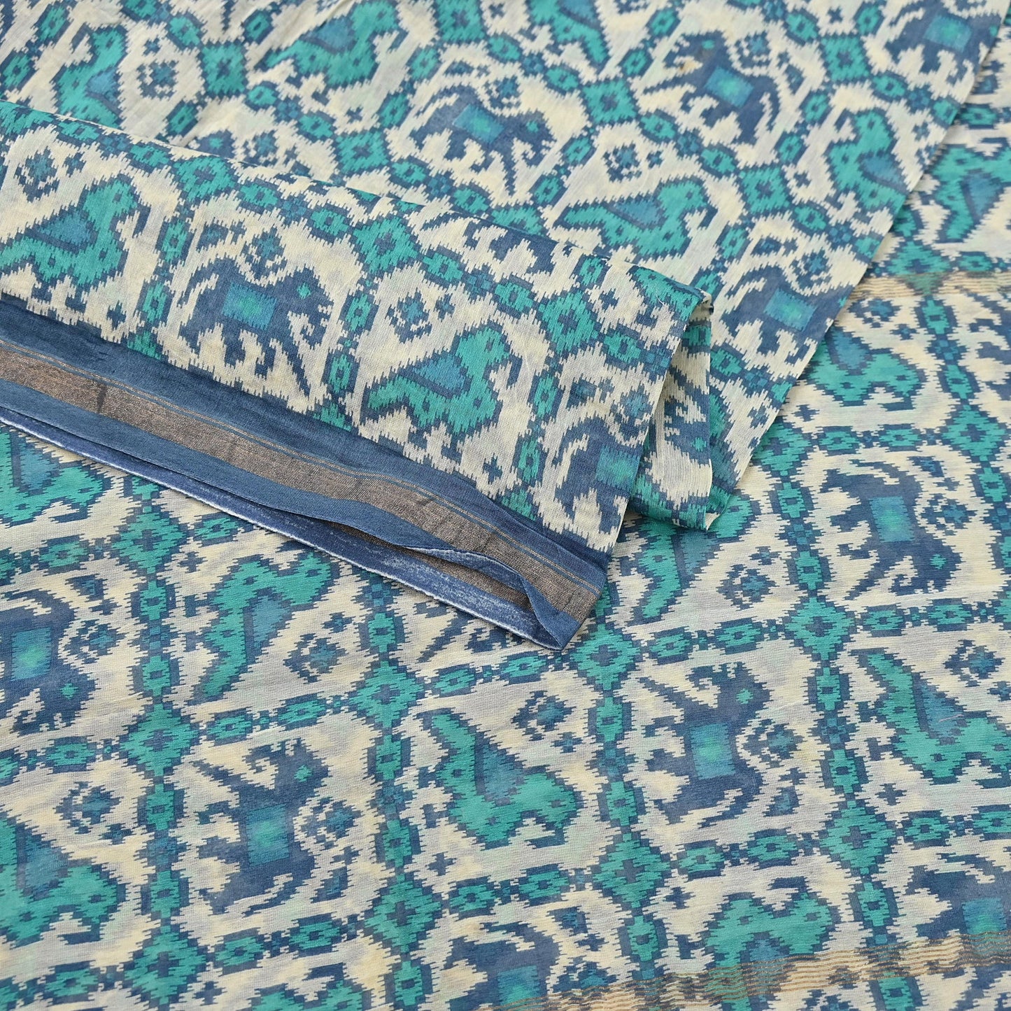 Indian Vintage Dupatta Ivory & Blue Long Stole Block Print Pure Chanderi Silk Scarves Veil Zari Wrap Hijab