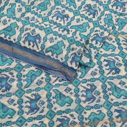 Indian Vintage Dupatta Ivory & Blue Long Stole Block Print Pure Chanderi Silk Scarves Veil Zari Wrap Hijab
