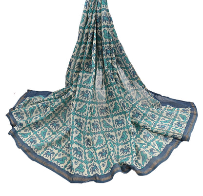 Indian Vintage Dupatta Ivory & Blue Long Stole Block Print Pure Chanderi Silk Scarves Veil Zari Wrap Hijab