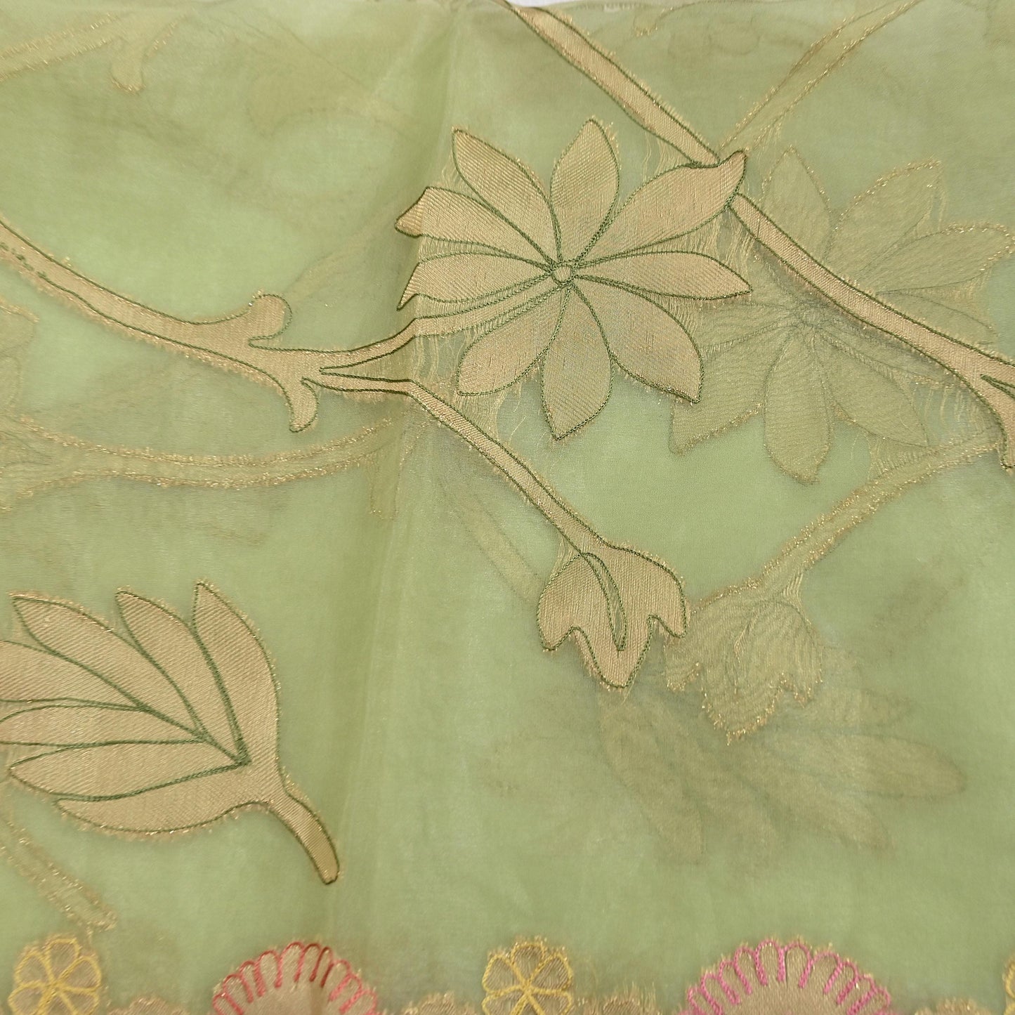 Indian Vintage Pista Green Dupatta Pure Organza Silk Long Stole Embroidered Scarves Veil Soft Floral Design Wrap Boho Party wear