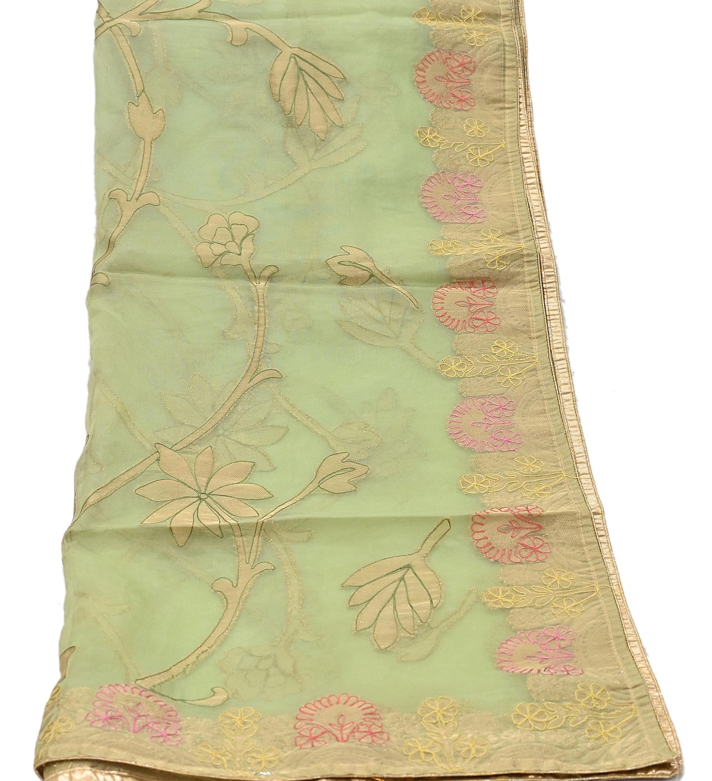 Indian Vintage Pista Green Dupatta Pure Organza Silk Long Stole Embroidered Scarves Veil Soft Floral Design Wrap Boho Party wear