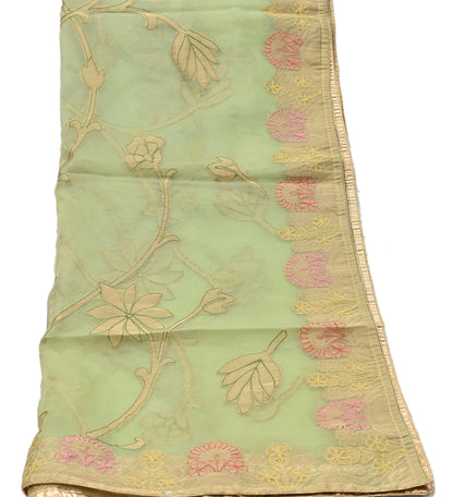 Indian Vintage Pista Green Dupatta Pure Organza Silk Long Stole Embroidered Scarves Veil Soft Floral Design Wrap Boho Party wear