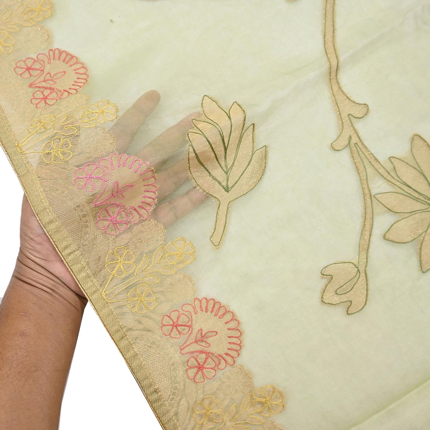Indian Vintage Pista Green Dupatta Pure Organza Silk Long Stole Embroidered Scarves Veil Soft Floral Design Wrap Boho Party wear