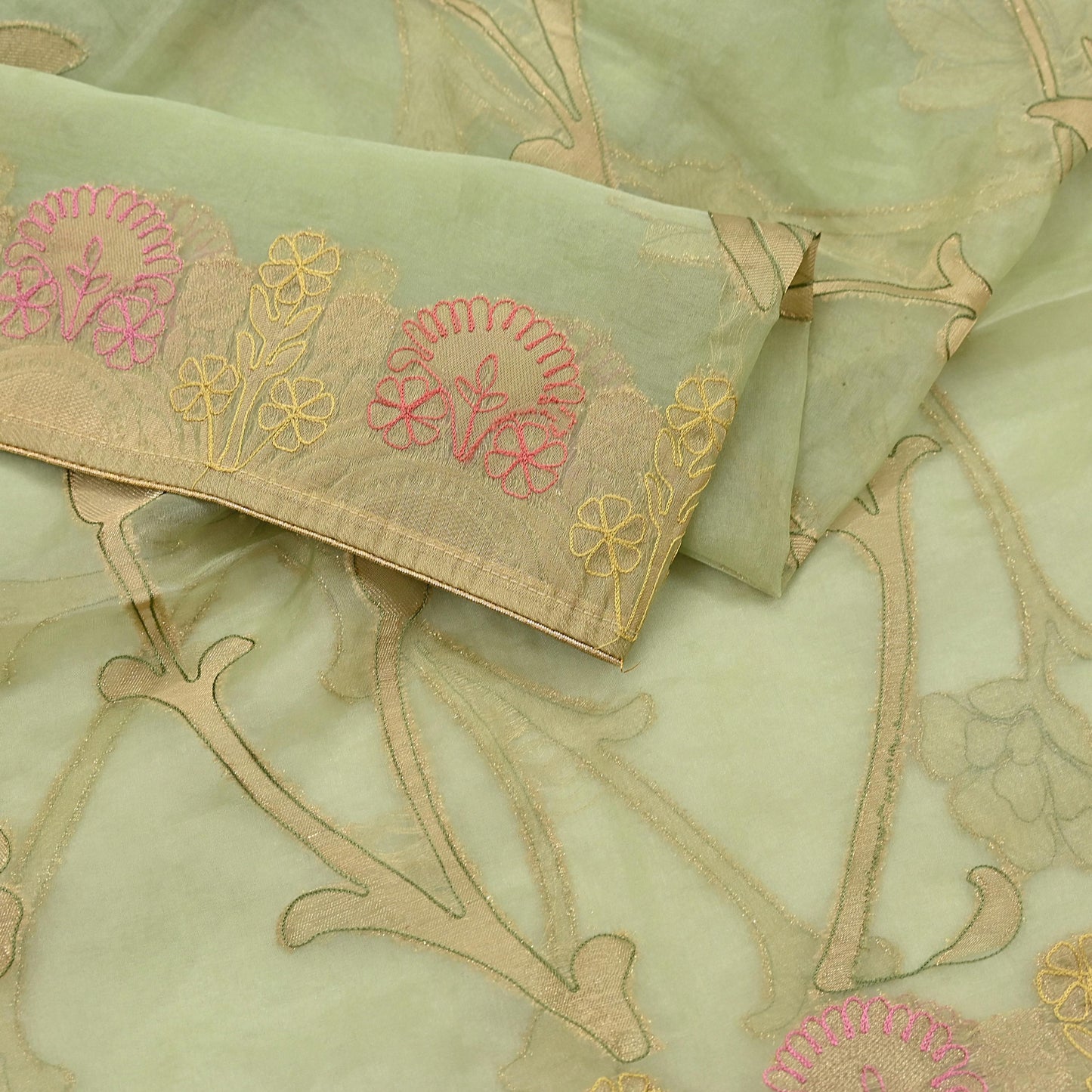 Indian Vintage Pista Green Dupatta Pure Organza Silk Long Stole Embroidered Scarves Veil Soft Floral Design Wrap Boho Party wear