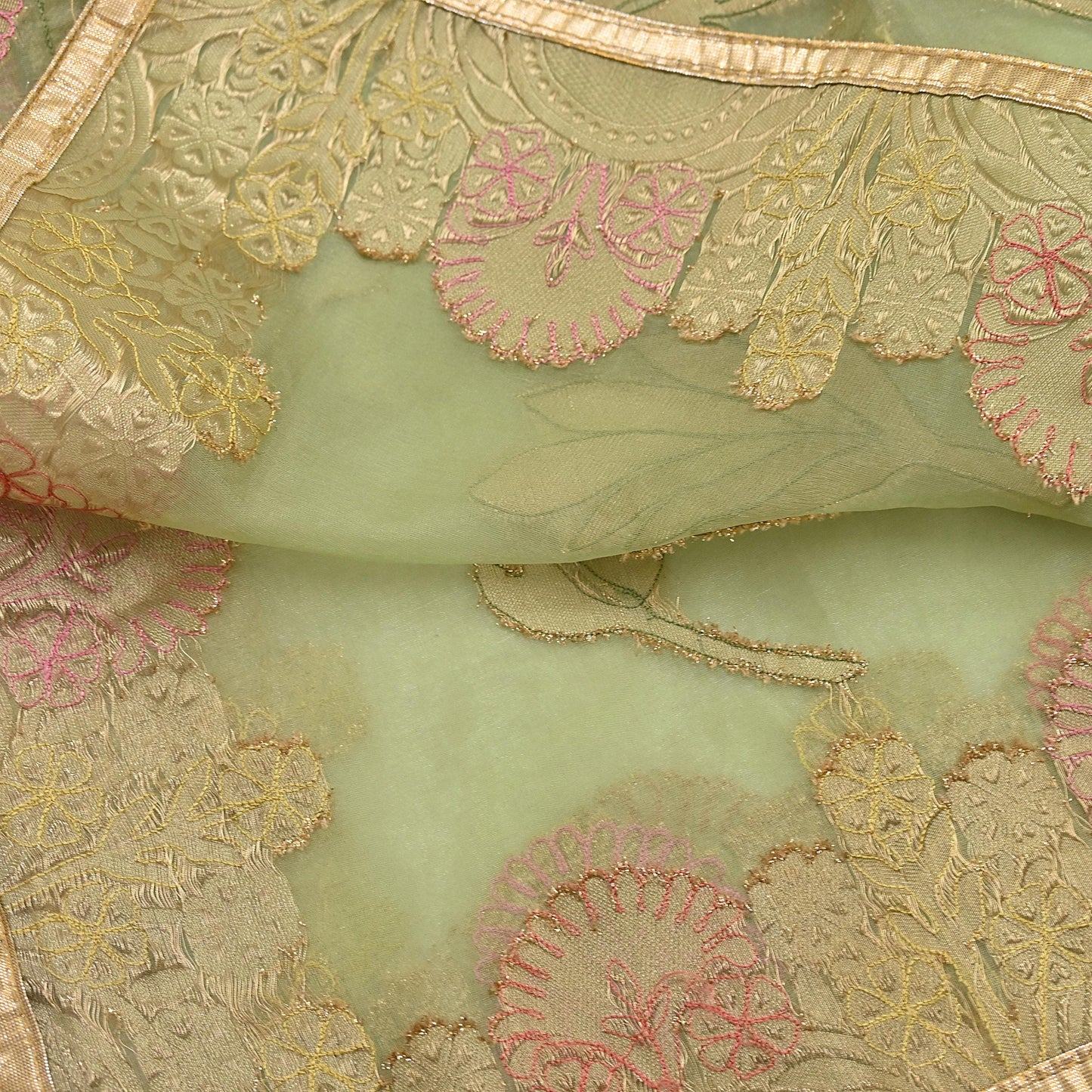 Indian Vintage Pista Green Dupatta Pure Organza Silk Long Stole Embroidered Scarves Veil Soft Floral Design Wrap Boho Party wear