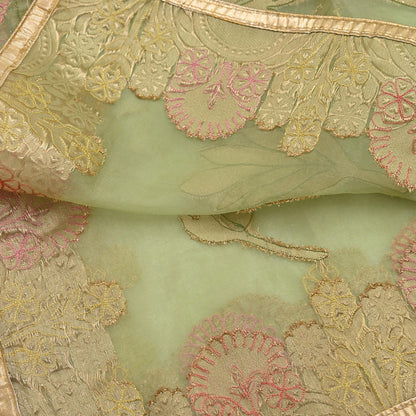 Indian Vintage Pista Green Dupatta Pure Organza Silk Long Stole Embroidered Scarves Veil Soft Floral Design Wrap Boho Party wear