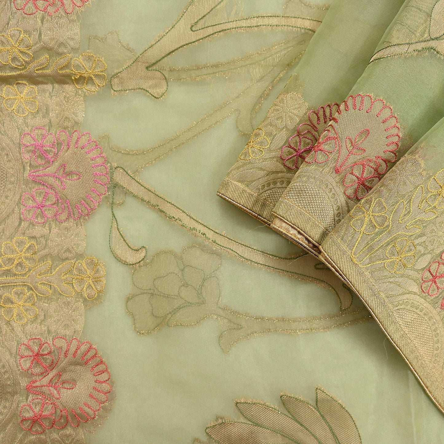 Indian Vintage Pista Green Dupatta Pure Organza Silk Long Stole Embroidered Scarves Veil Soft Floral Design Wrap Boho Party wear