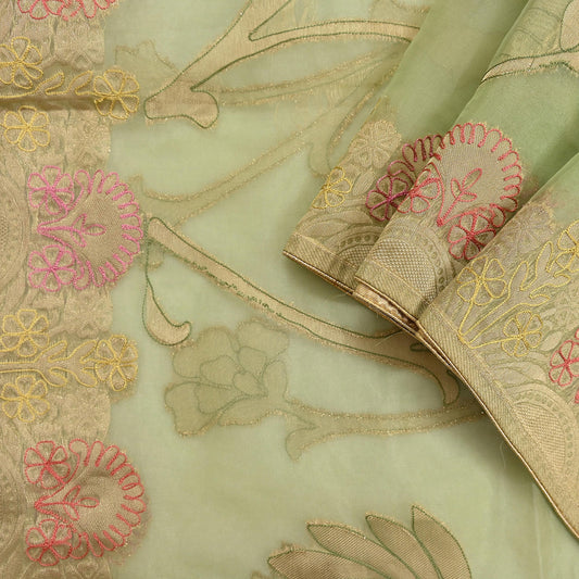Indian Vintage Pista Green Dupatta Pure Organza Silk Long Stole Embroidered Scarves Veil Soft Floral Design Wrap Boho Party wear