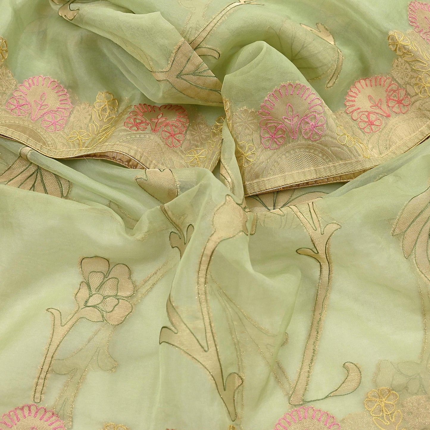 Indian Vintage Pista Green Dupatta Pure Organza Silk Long Stole Embroidered Scarves Veil Soft Floral Design Wrap Boho Party wear