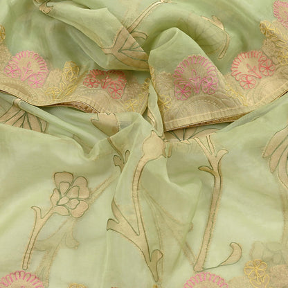 Indian Vintage Pista Green Dupatta Pure Organza Silk Long Stole Embroidered Scarves Veil Soft Floral Design Wrap Boho Party wear