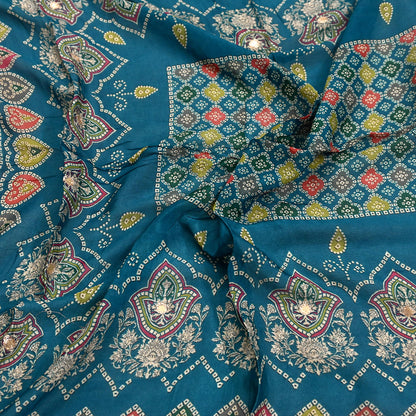 Indian Vintage Dupatta Teal Blue Long Stole Hand Embroidered Printed Pure Silk Scarves Veil Wrap Soft Floral