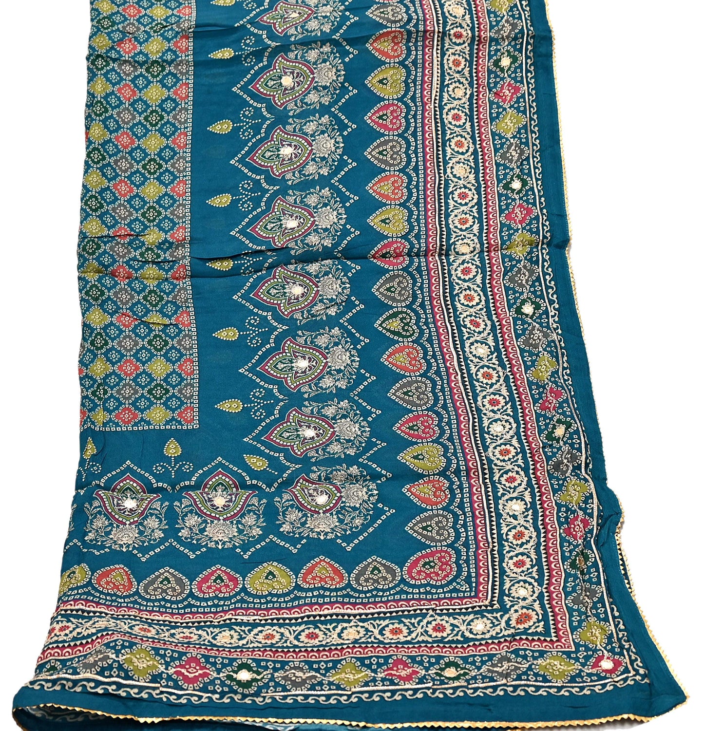 Indian Vintage Dupatta Teal Blue Long Stole Hand Embroidered Printed Pure Silk Scarves Veil Wrap Soft Floral