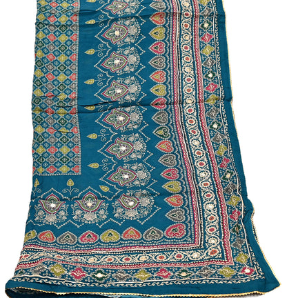 Indian Vintage Dupatta Teal Blue Long Stole Hand Embroidered Printed Pure Silk Scarves Veil Wrap Soft Floral