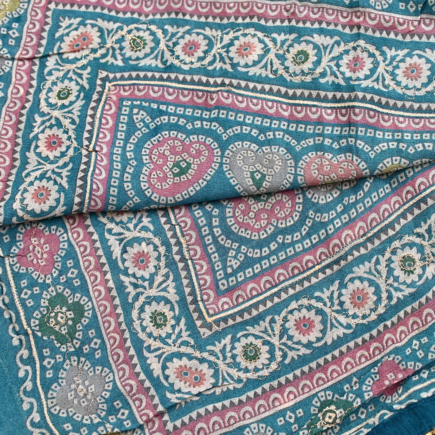 Indian Vintage Dupatta Teal Blue Long Stole Hand Embroidered Printed Pure Silk Scarves Veil Wrap Soft Floral