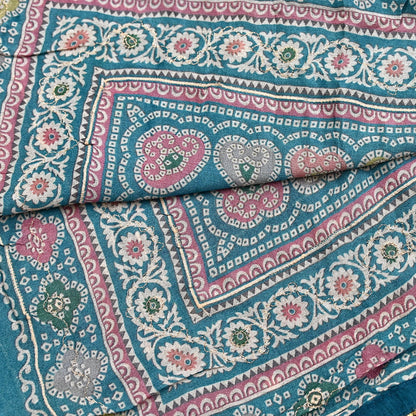 Indian Vintage Dupatta Teal Blue Long Stole Hand Embroidered Printed Pure Silk Scarves Veil Wrap Soft Floral