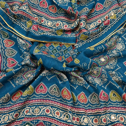 Indian Vintage Dupatta Teal Blue Long Stole Hand Embroidered Printed Pure Silk Scarves Veil Wrap Soft Floral
