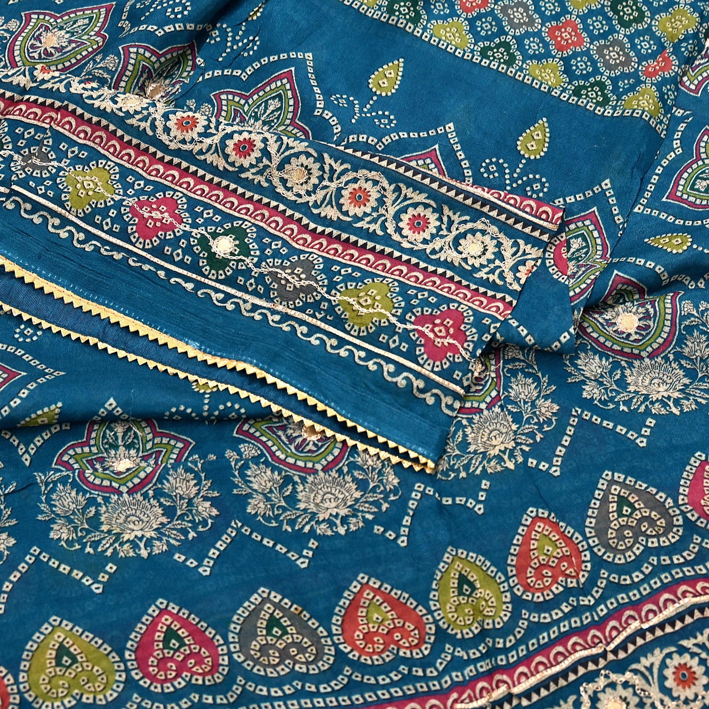 Indian Vintage Dupatta Teal Blue Long Stole Hand Embroidered Printed Pure Silk Scarves Veil Wrap Soft Floral