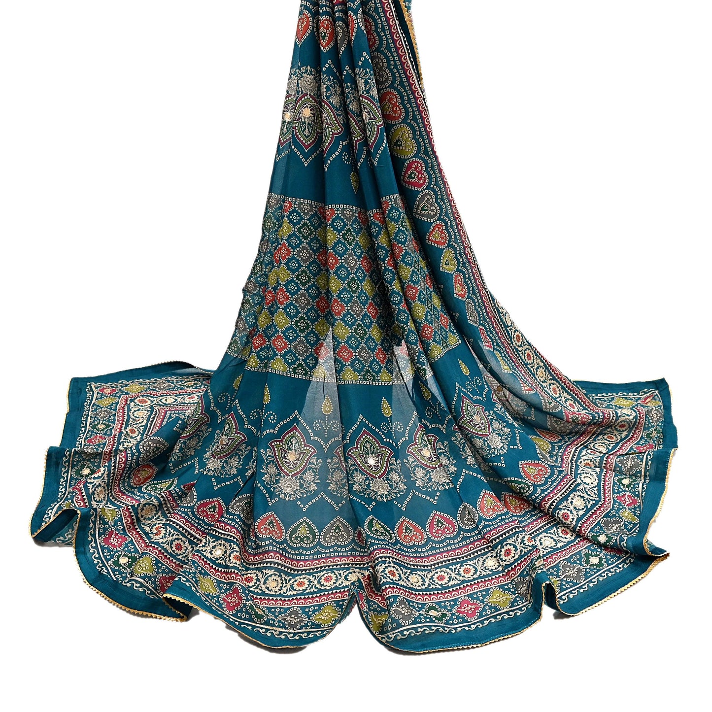 Indian Vintage Dupatta Teal Blue Long Stole Hand Embroidered Printed Pure Silk Scarves Veil Wrap Soft Floral